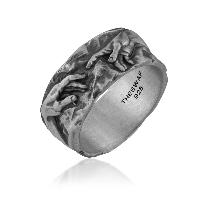 Hands of Creation Band Ring in 925 sterling silver oxidized, alternate angle 1