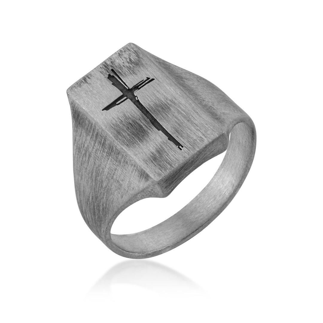 Quiet Faith Cross Signet Ring in 925 sterling silver oxidized, alternate angle 1