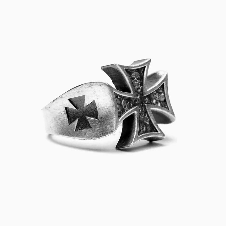 handmade sterling silver Maltese Cross Skull Heraldic Ring