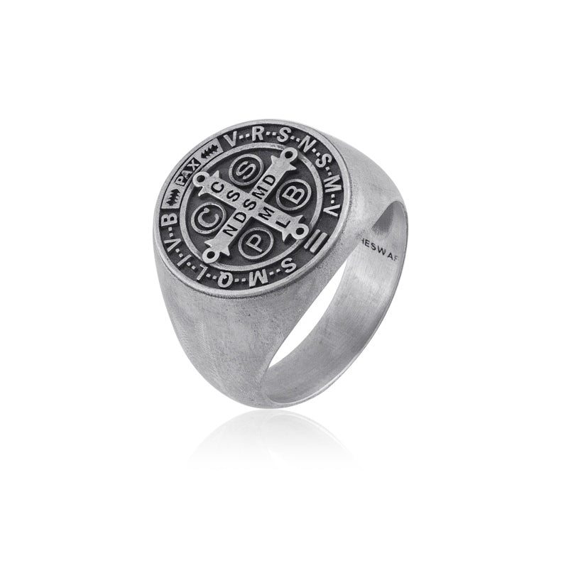 saint benedict medal cross ring side view