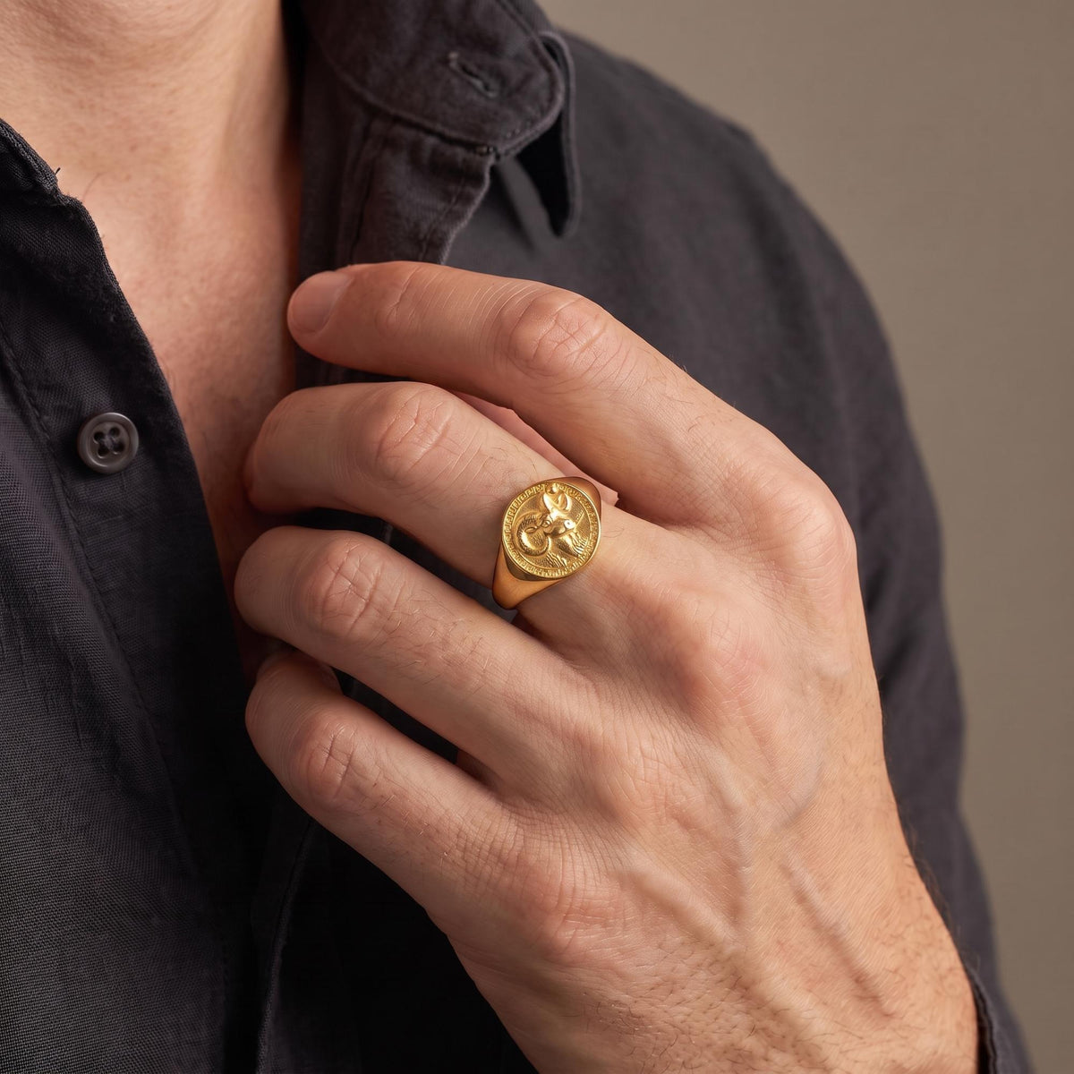 Aries Zodiac Ring on male model — gold plated