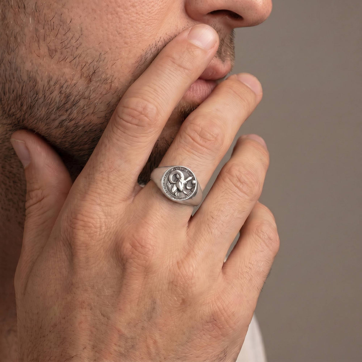 Aries Zodiac Ring on male model — oxidized 925 sterling silver