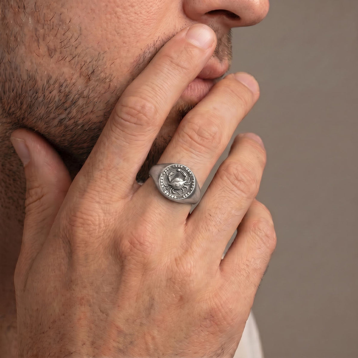 Cancer Zodiac Ring on male model — oxidized 925 sterling silver