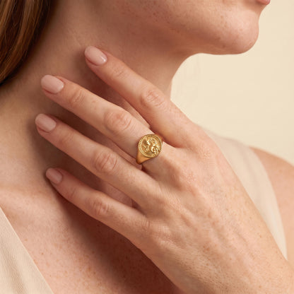 Virgo Zodiac Ring on model — gold plated