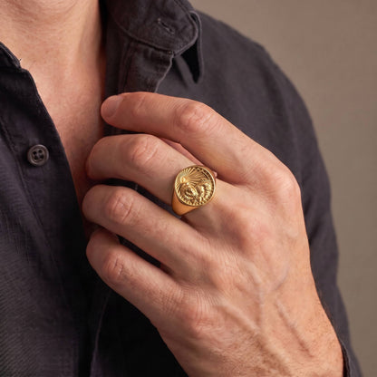 Leo Zodiac Ring on male model — gold plated