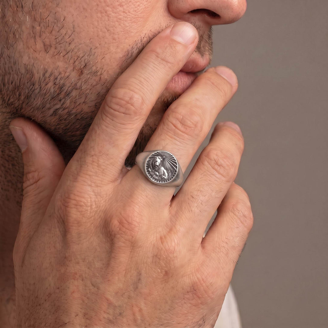 Leo Zodiac Ring on male model — oxidized 925 sterling silver