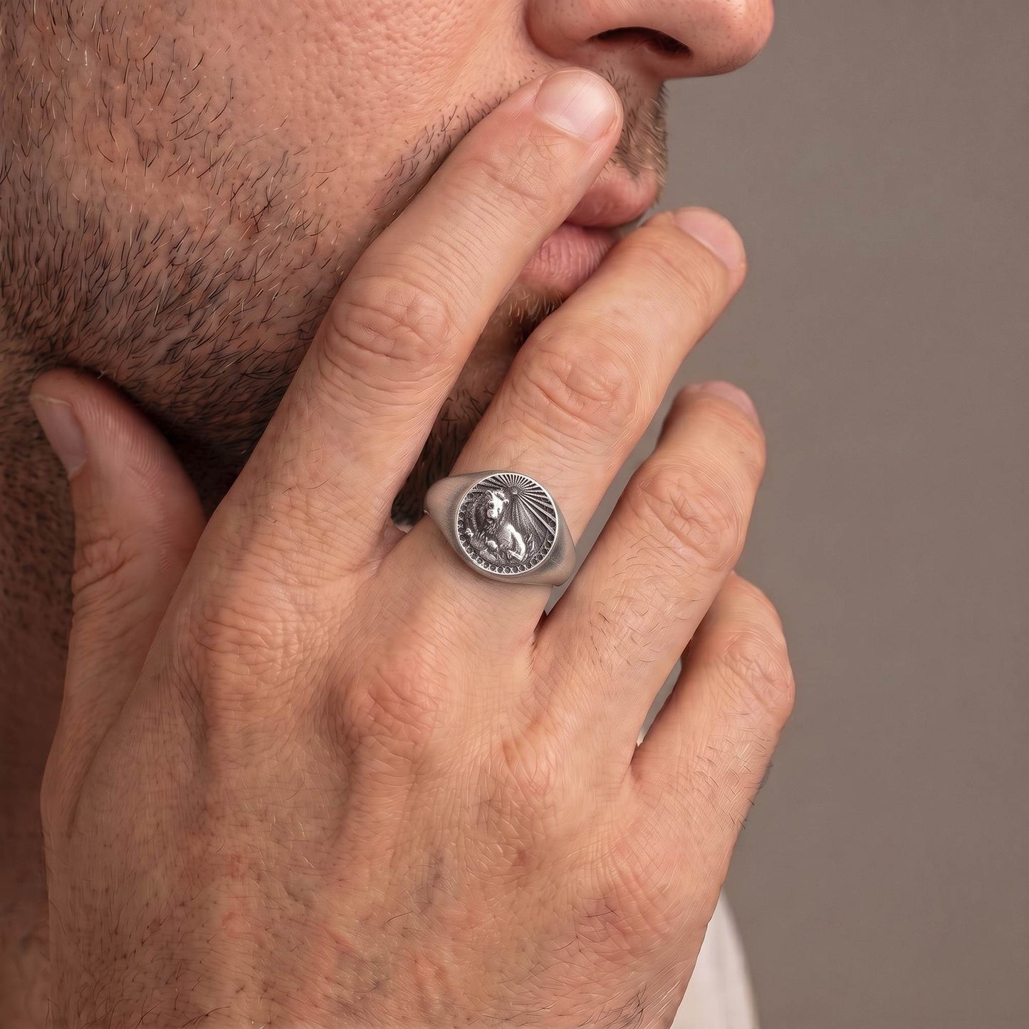 Leo Zodiac Ring on male model — oxidized 925 sterling silver