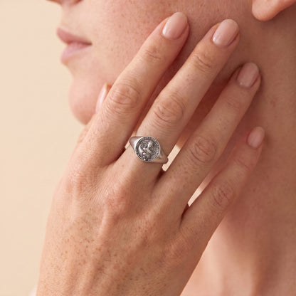 Virgo Zodiac Ring on model — oxidized 925 sterling silver