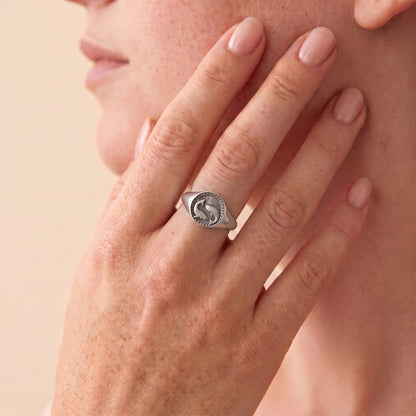Pisces Zodiac Ring on model — oxidized 925 sterling silver