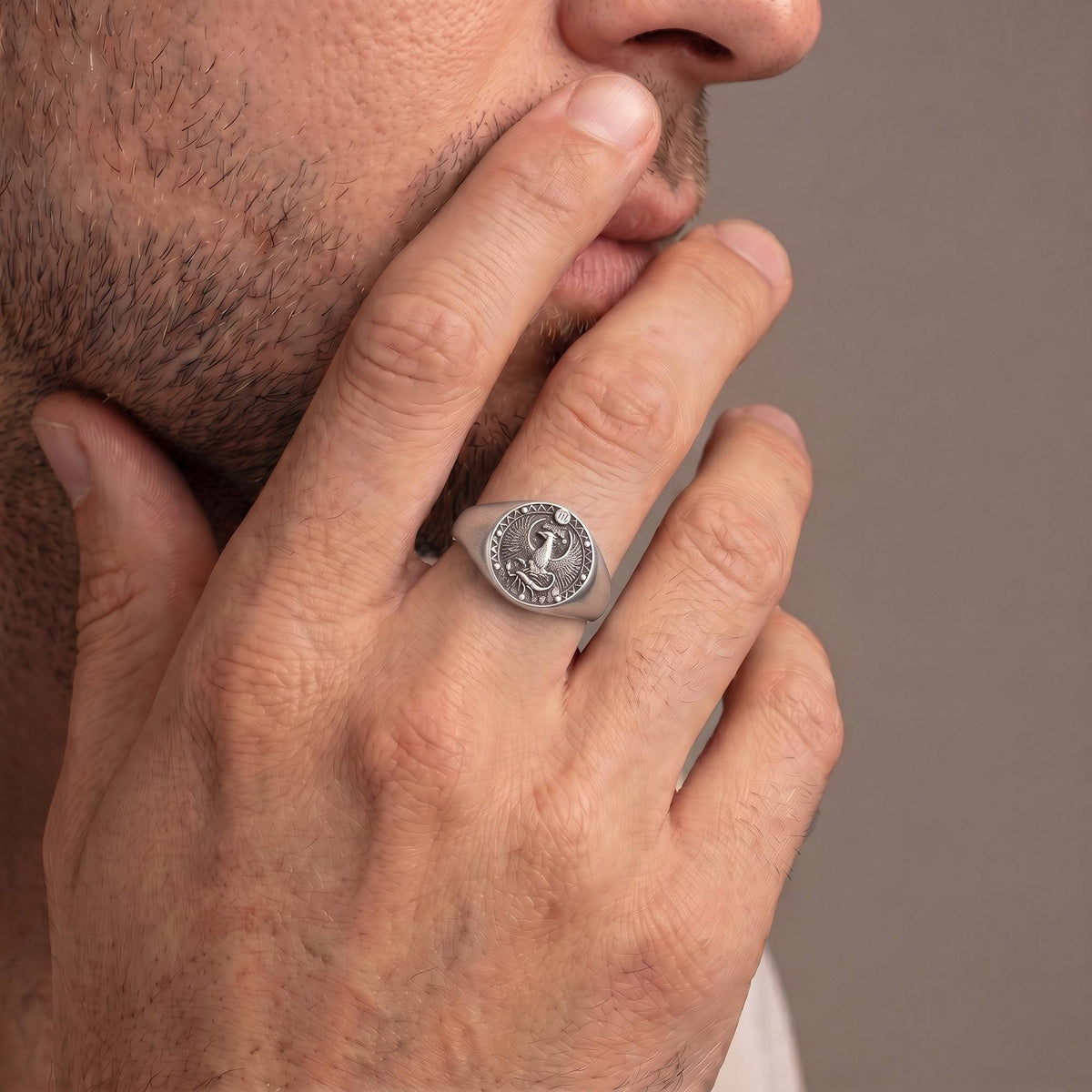 Scorpio Zodiac Ring on male model — oxidized 925 sterling silver