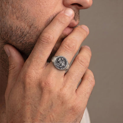 Capricorn / Aries v2 Zodiac Ring on male model — oxidized 925 sterling silver