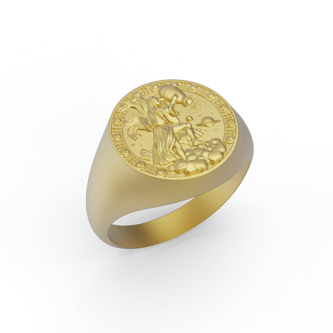 Aquarius Zodiac Signet Ring For Men - Sterling Silver Pinky Ring, No Gemstone