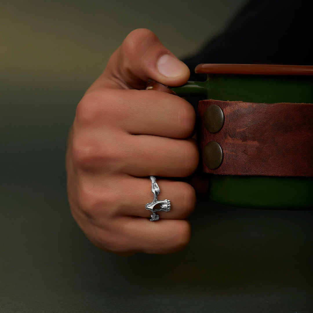 handmade sterling silver Fearless Skull Ring on the hand preview