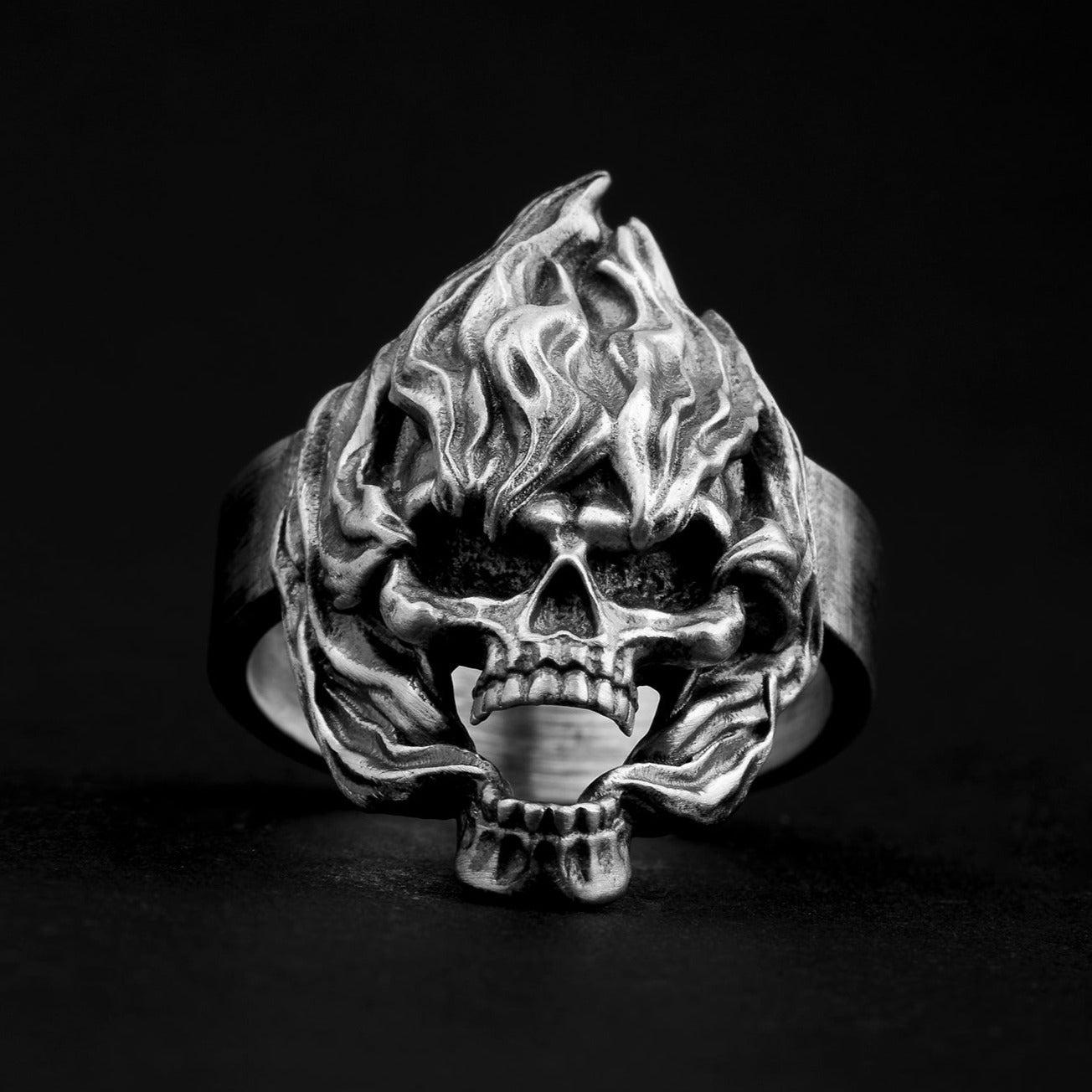 handmade sterling silver Flaming Skull Ring