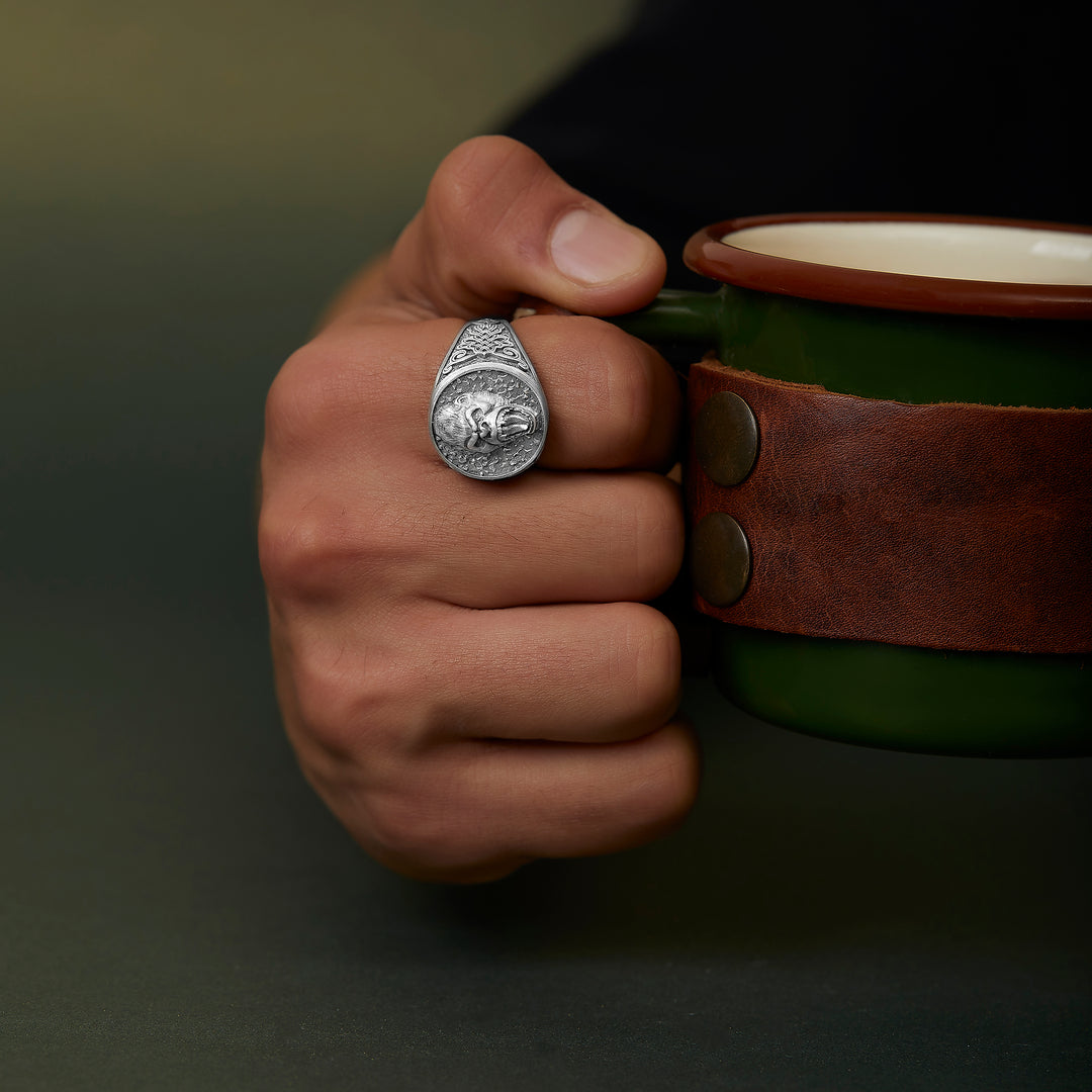 handmade sterling silver Gorilla Head Ring on the hand preview