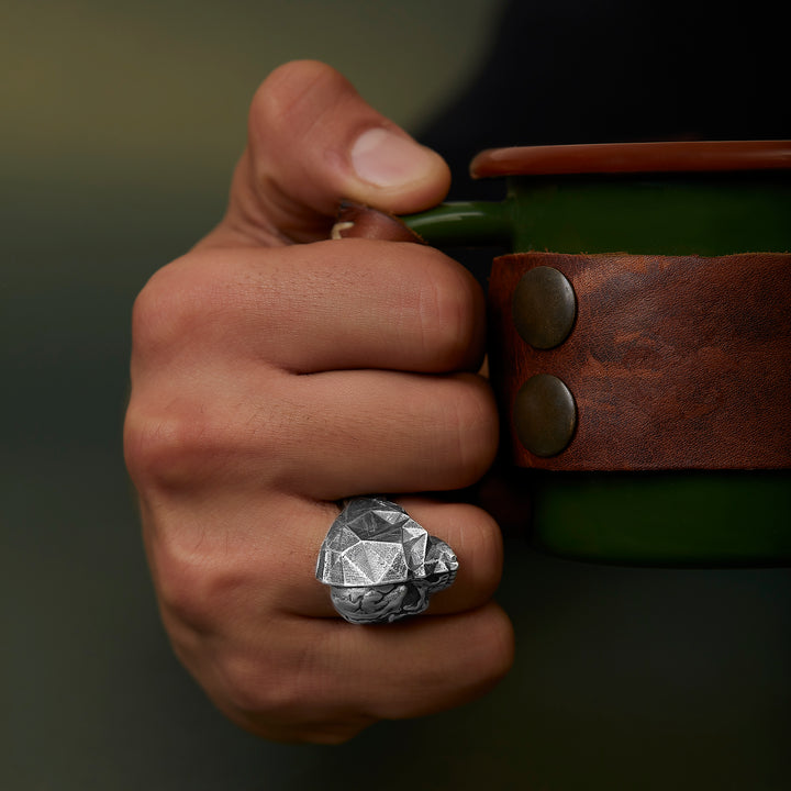 handmade sterling silver Half Brain Skull Ring on the hand preview