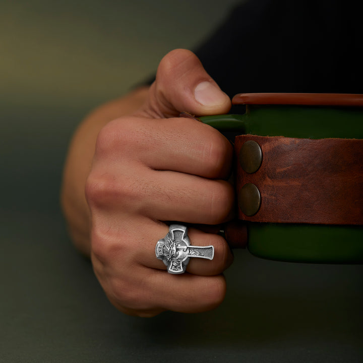 handmade sterling silver Jesus Cross Ring on the hand preview