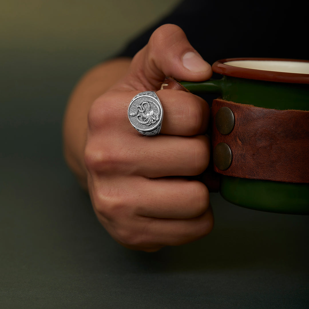 handmade sterling silver Medusa Head Snake Ring on the hand preview