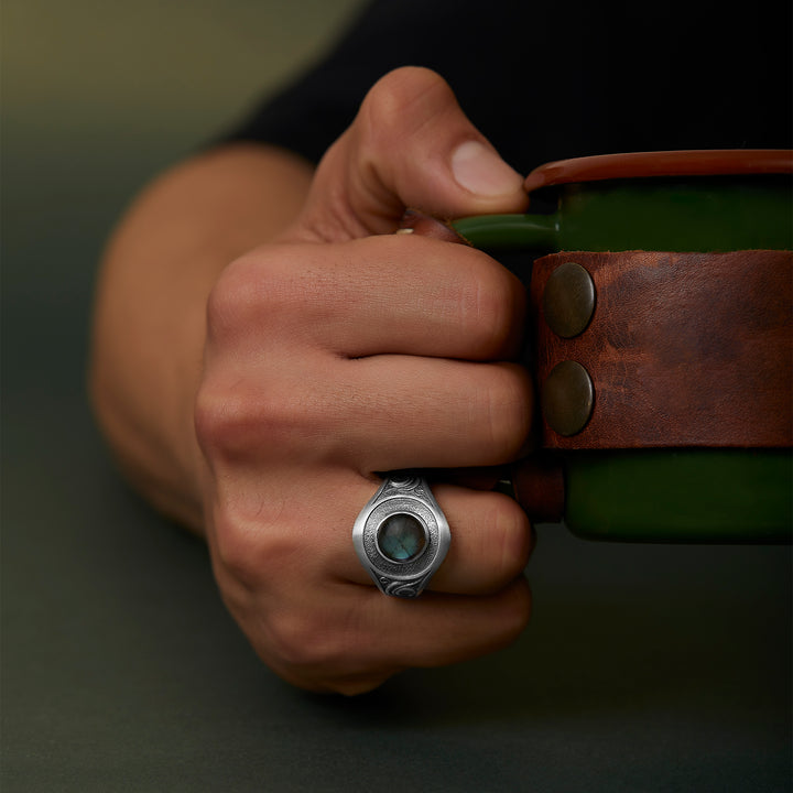 handmade sterling silver Men’s Gemstone Ring on the hand preview