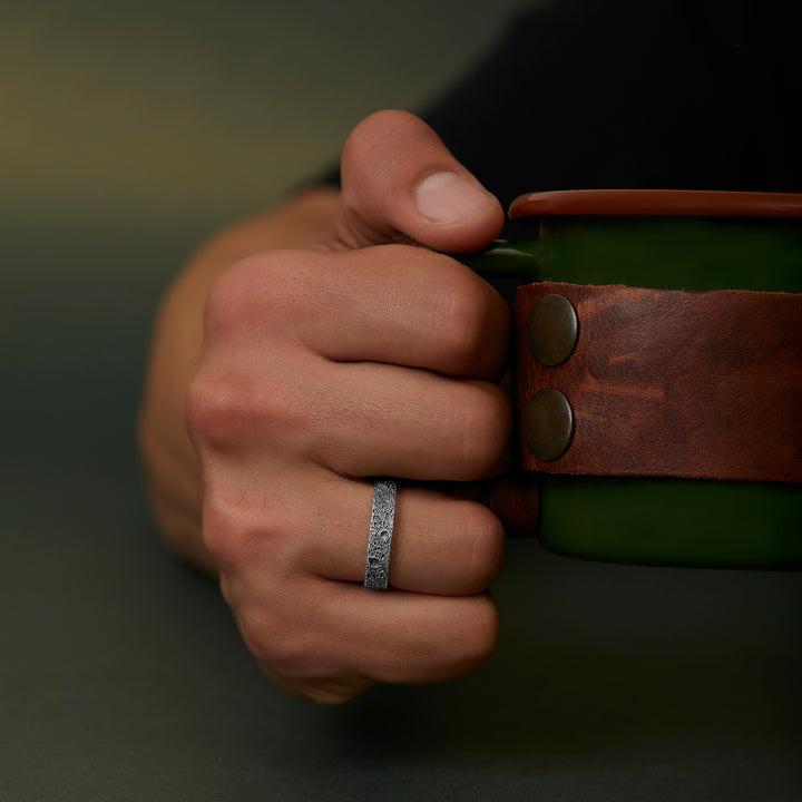 handmade sterling silver Moon Surface Ring on the hand preview