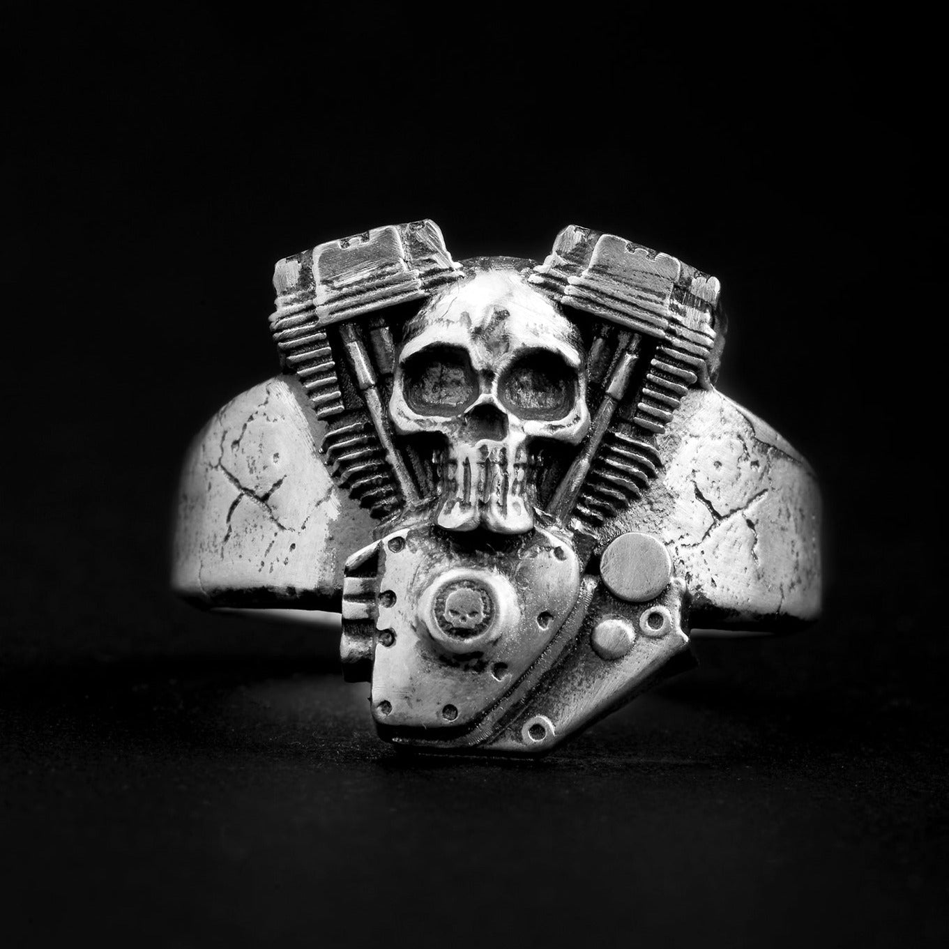 handmade sterling silver Motorcycle Engine Skull Ring