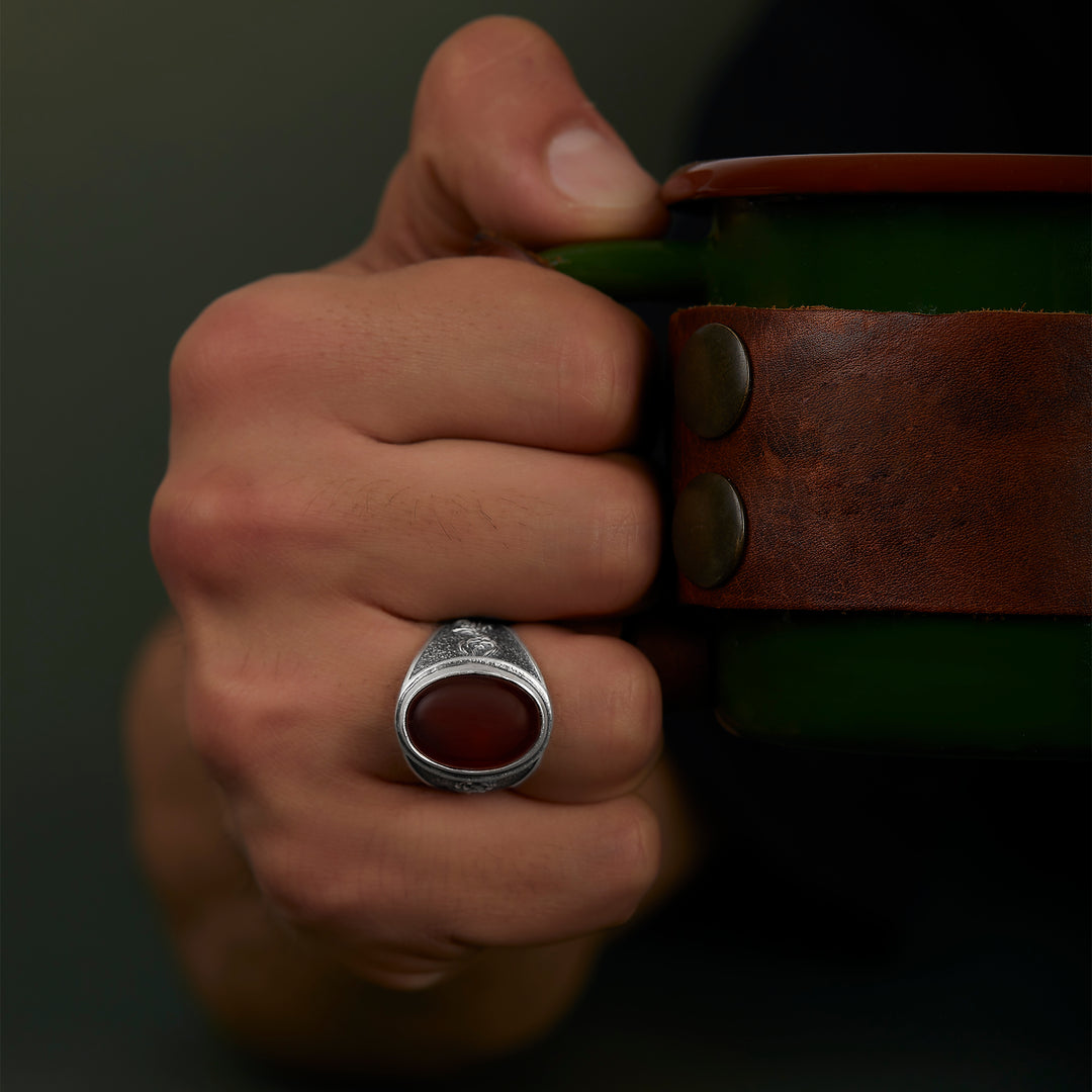 handmade sterling silver Phoenix Carnelian Gemstone Ring on the hand preview