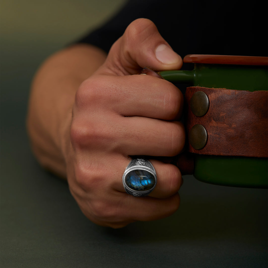 handmade sterling silver Phoenix Labradorite Gemstone Ring on the hand preview