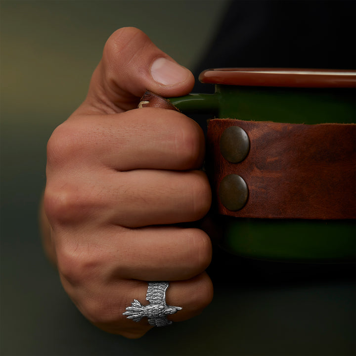 handmade sterling silver Raven Bird Ring on the hand preview