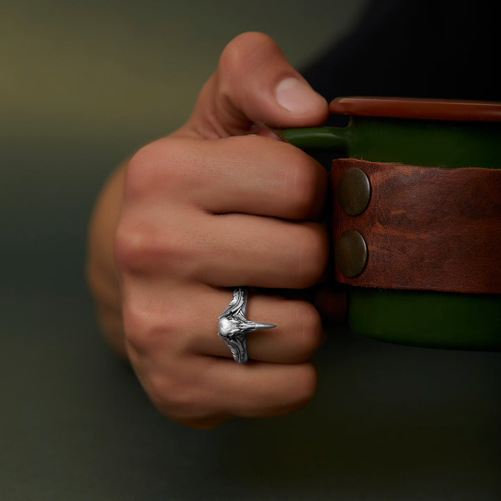 handmade sterling silver Raven Skull Ring on the hand preview