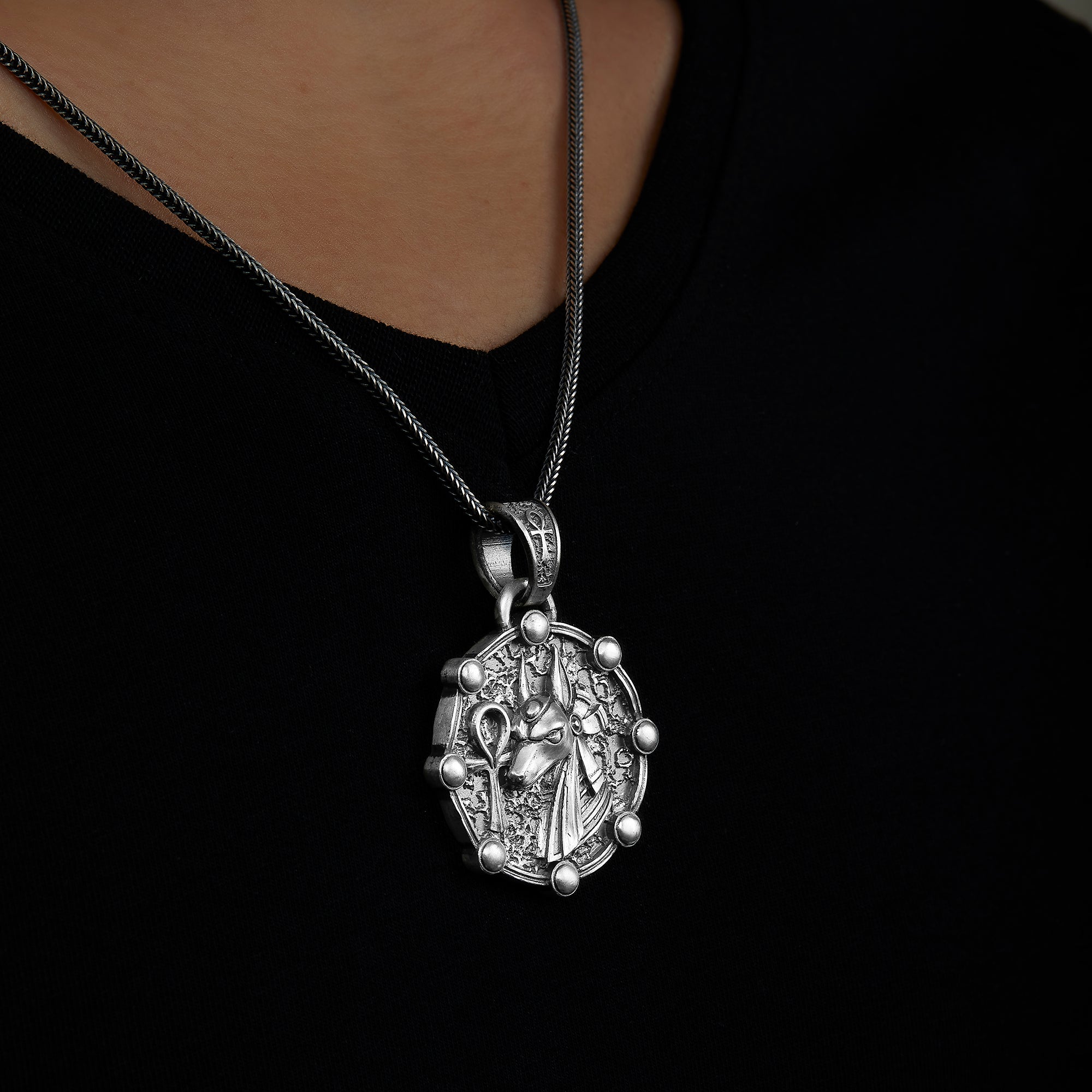 handmade sterling silver handmade sterling silver Anubis And Ankh Necklace on the neck preview