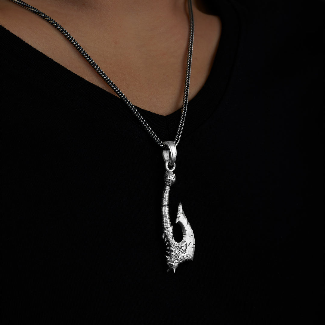 handmade sterling silver Battle Axe Necklace on the neck preview