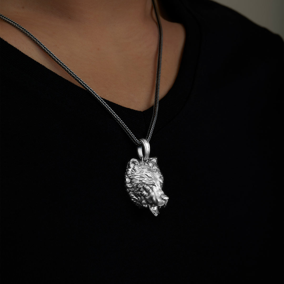 handmade sterling silver Bear Head Necklace on the neck preview