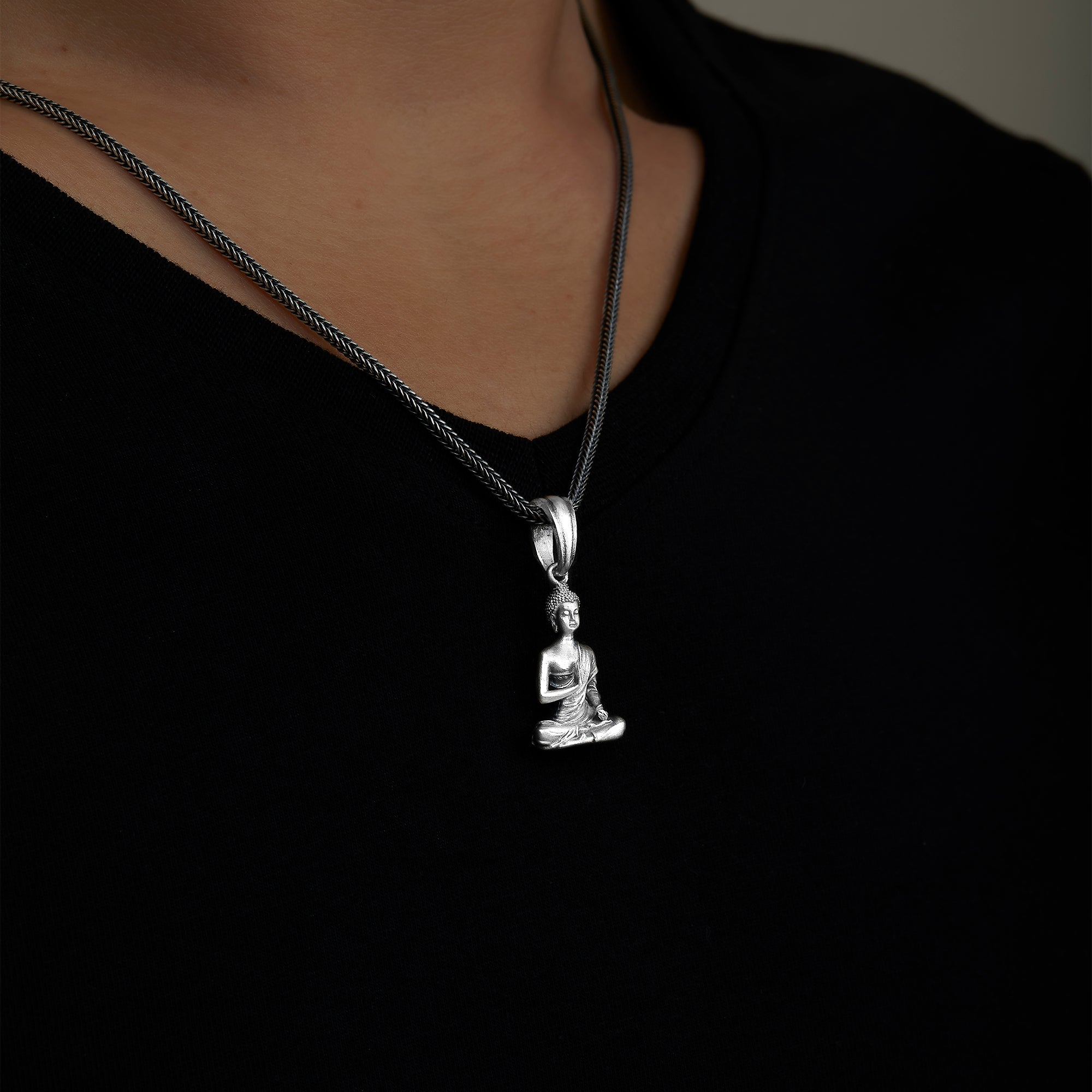 handmade sterling silver Buddha Body Necklace on the neck preview