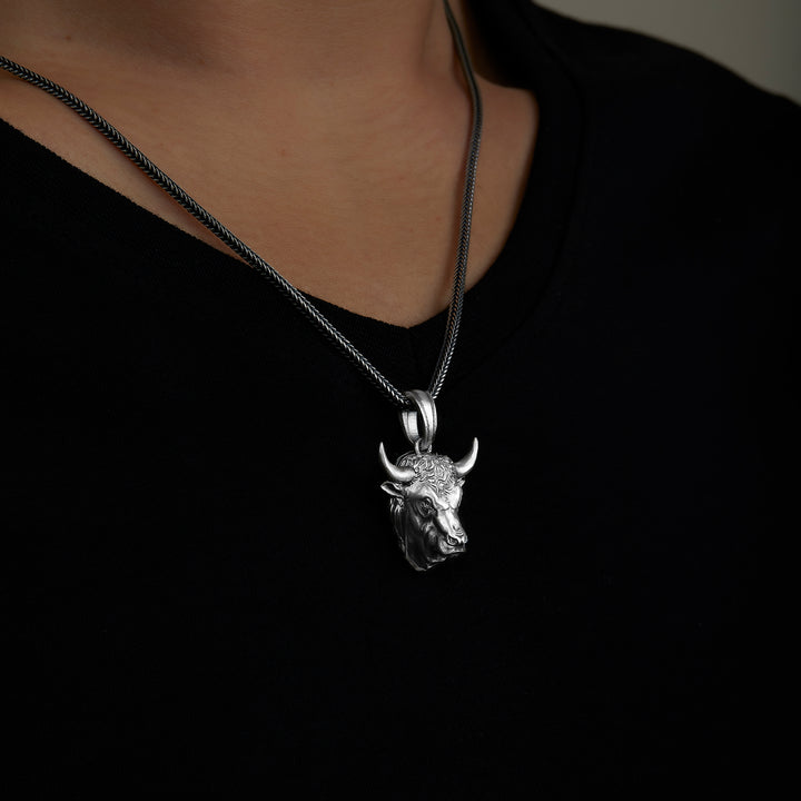 handmade sterling silver Bull Head Neklace on the neck preview