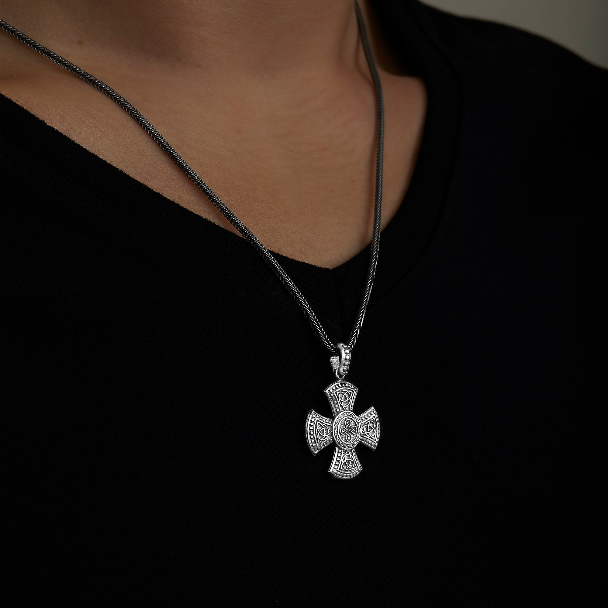 handmade sterling silver Celtic Cross Square Necklace on the neck preview