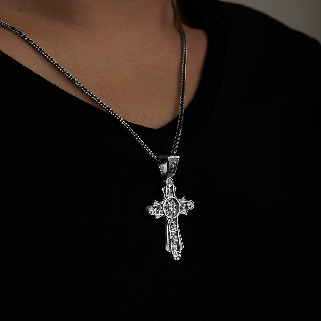 handmade sterling silver Christian Cross Amulet Necklace on the neck preview