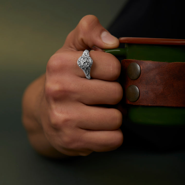 handmade sterling silver Circle Skull Biker Ring on the hand preview