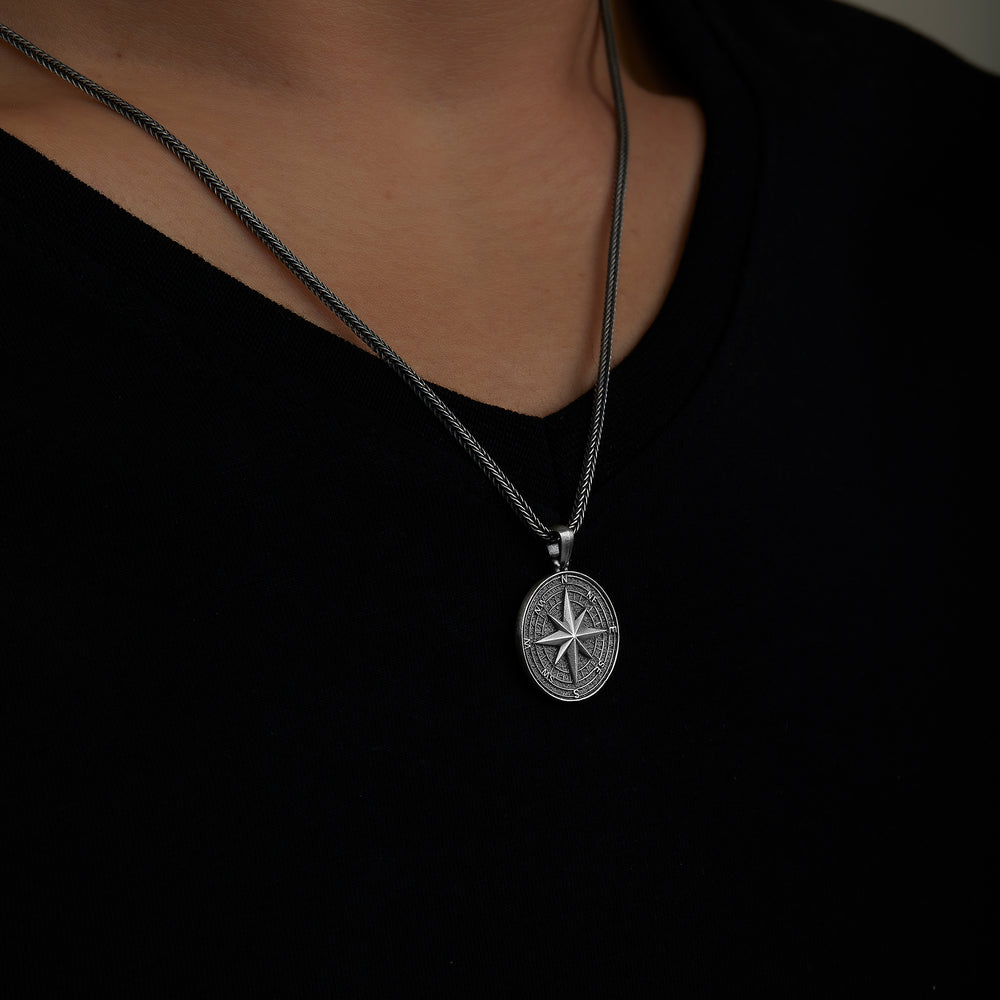 handmade sterling silver Compass Necklace on the neck preview