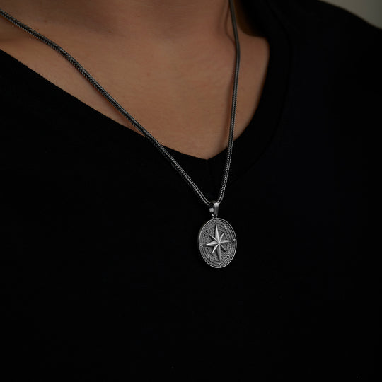 Compass North Star Pendant Stainless Steel Silver Figaro Chain Mens Necklace  by Twistedpendant - Etsy