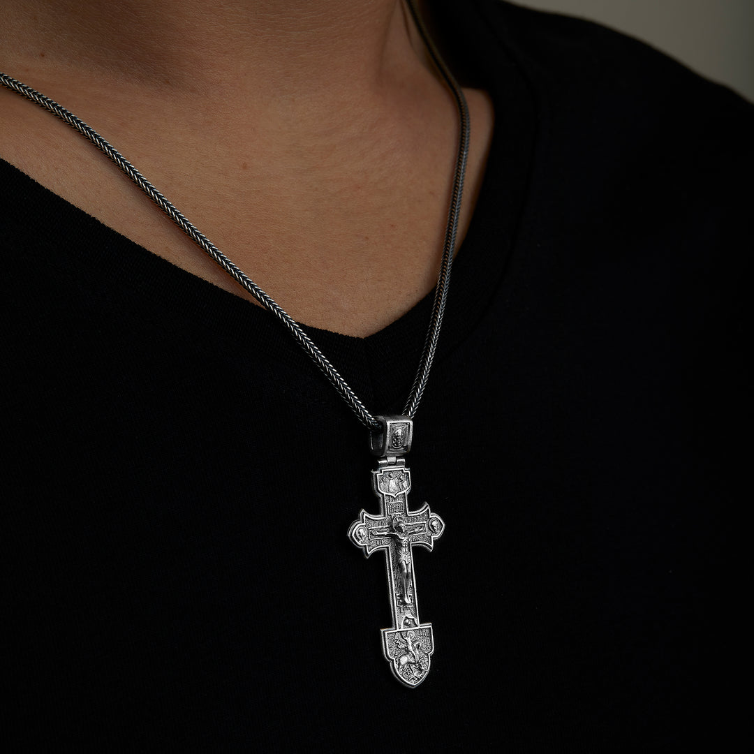 handmade sterling silver Cross Jesus Necklace on the neck preview