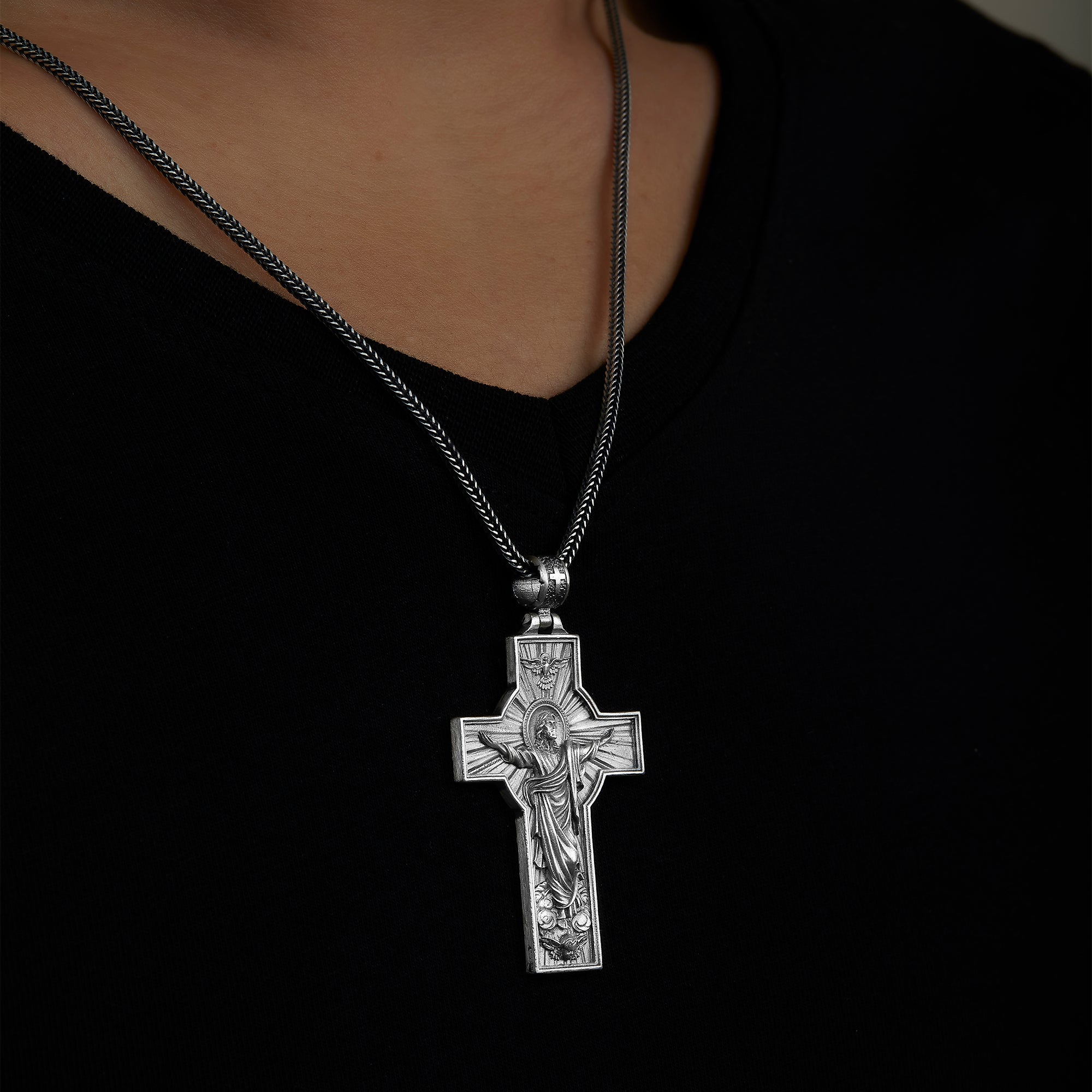 handmade sterling silver Cross Jesus Necklace on the neck preview
