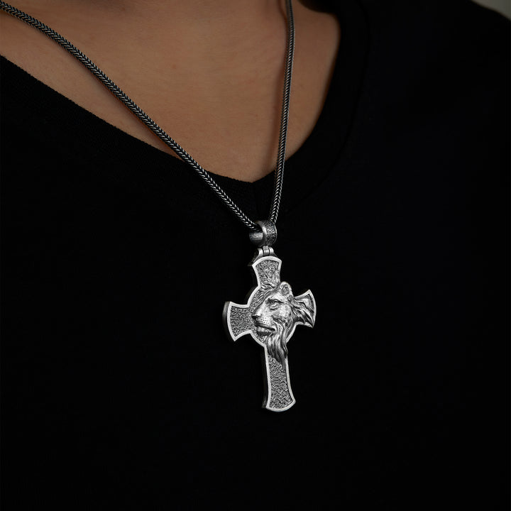 handmade sterling silver Cross Lion Necklace on the neck preview