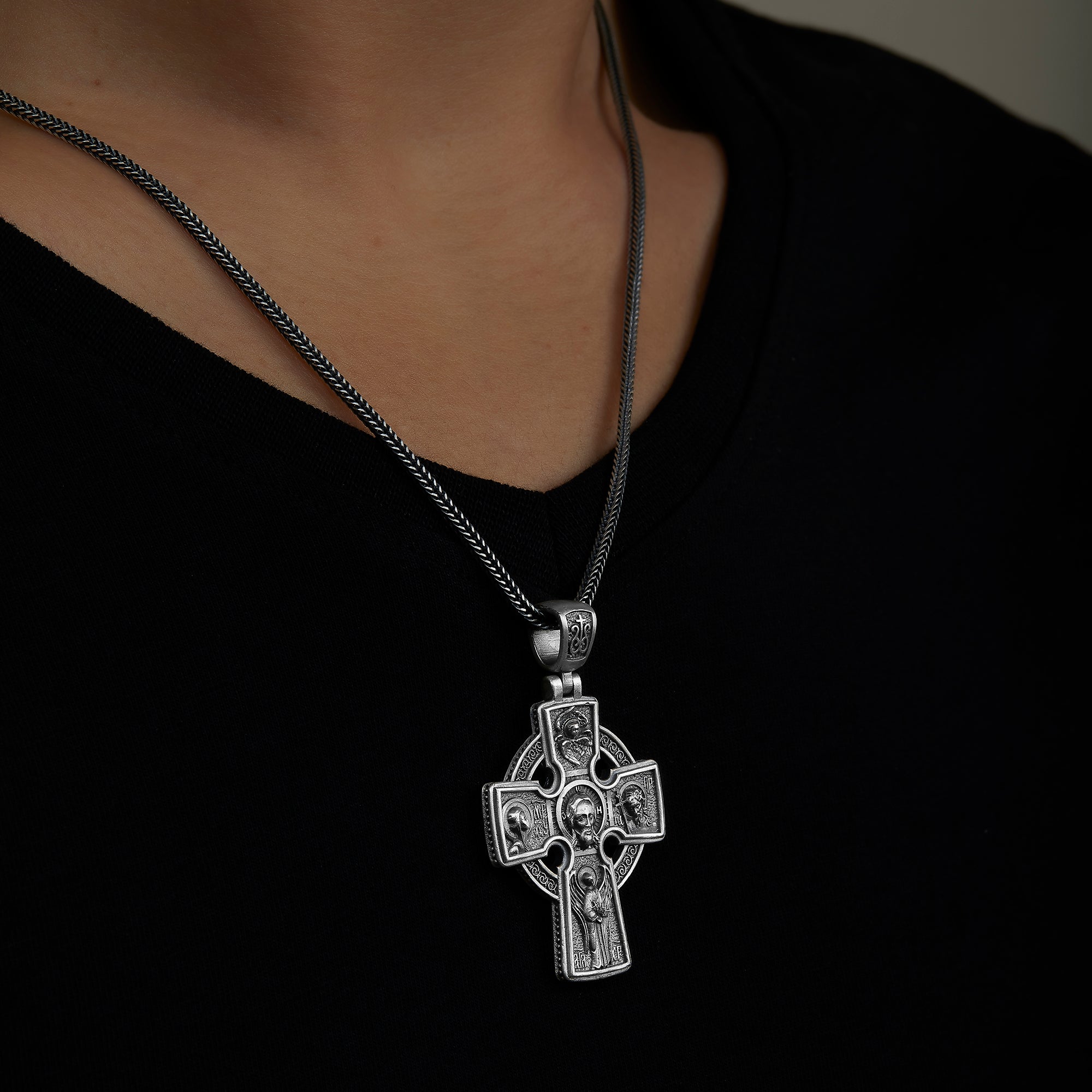 handmade sterling silver Cross Saints Necklace on the neck preview