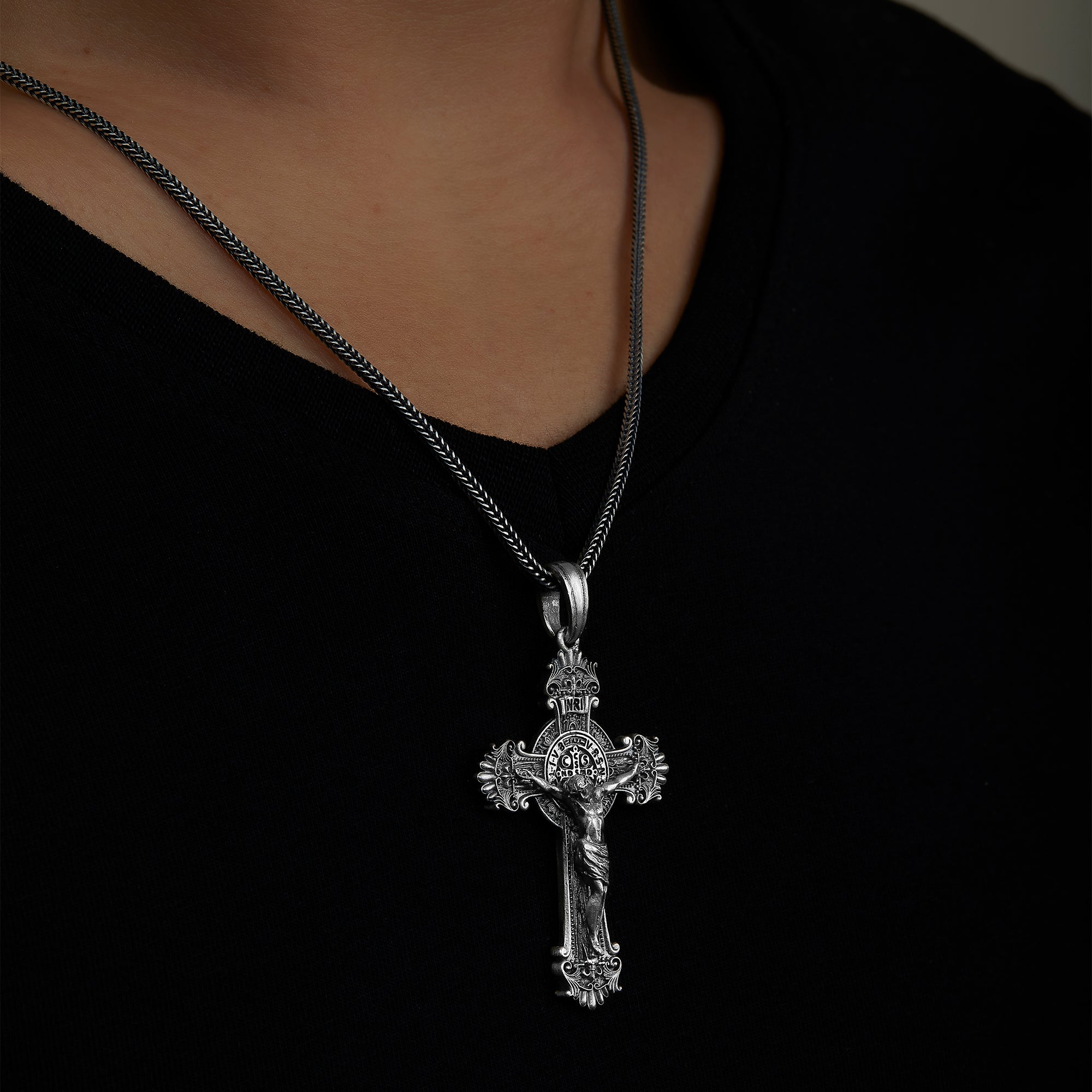 handmade sterling silver Crucifix Cross Jesus Necklace on the neck preview