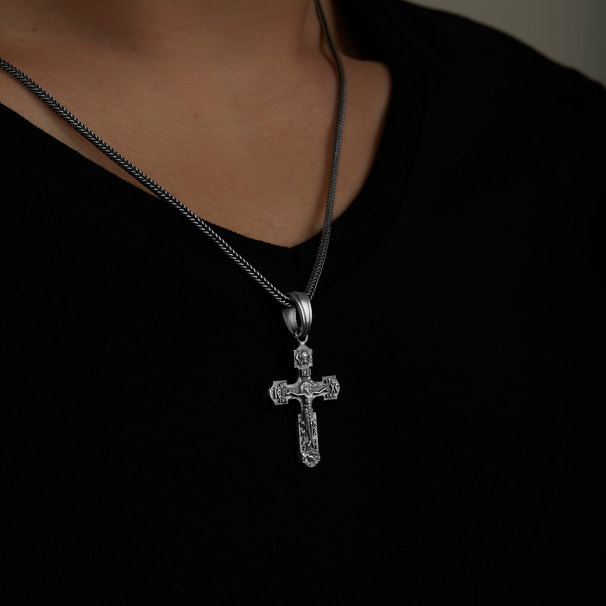 handmade sterling silver Crucifixion Orthodox Cross Necklace on the neck preview