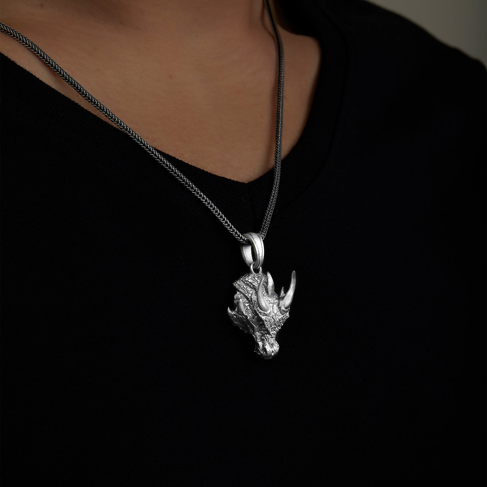 handmade sterling silver Dragon Head Necklace on the neck preview