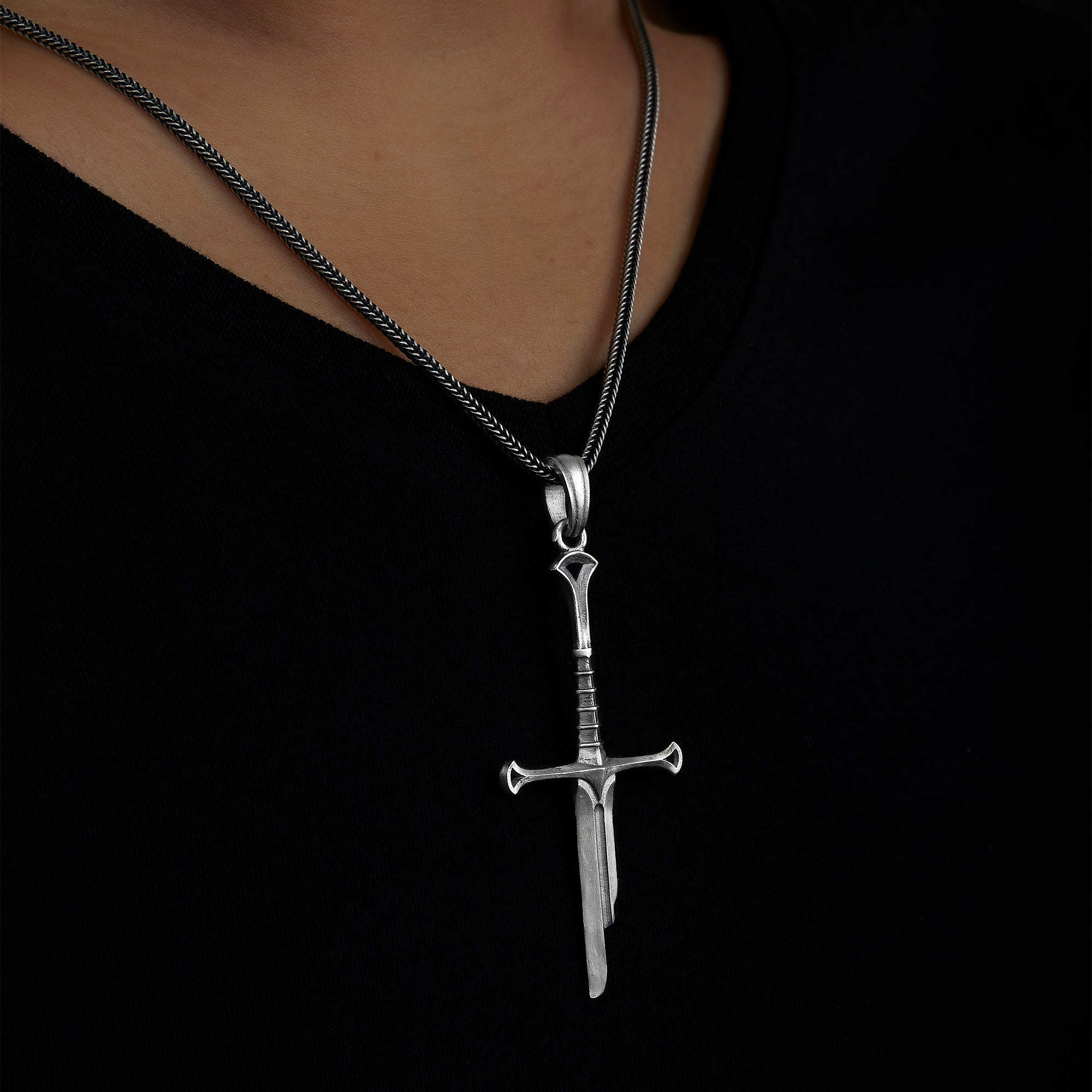 handmade sterling silver Elven Sword Necklace on the neck preview