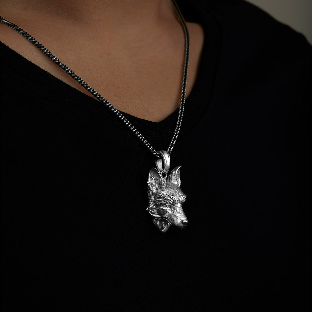 handmade sterling silver Fox Head Necklace on the neck preview