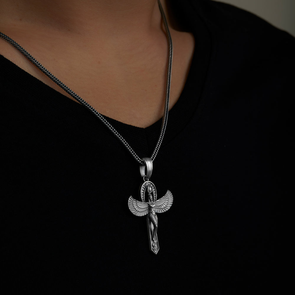 handmade sterling silver Goddess Isis Necklace on the neck preview