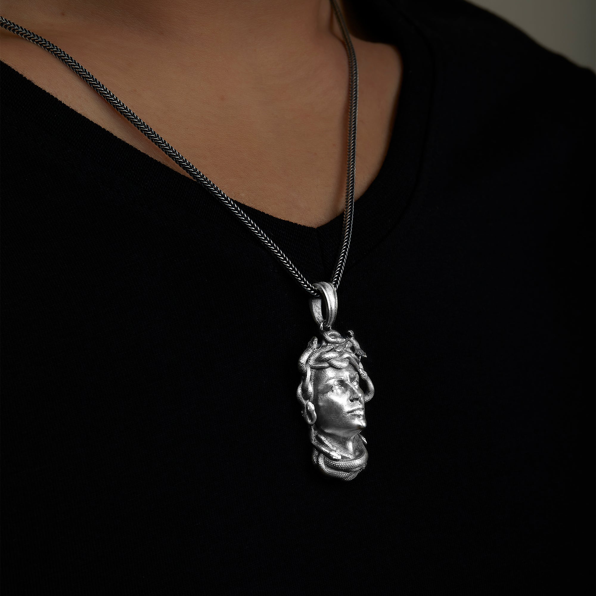 handmade sterling silver Gorgon Medusa Head Necklace on the neck preview